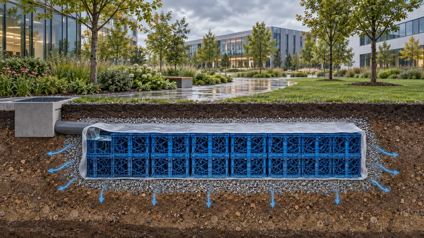 AI-generated infiltration concept with geocellular storage and arrows showing water moving into surrounding soil