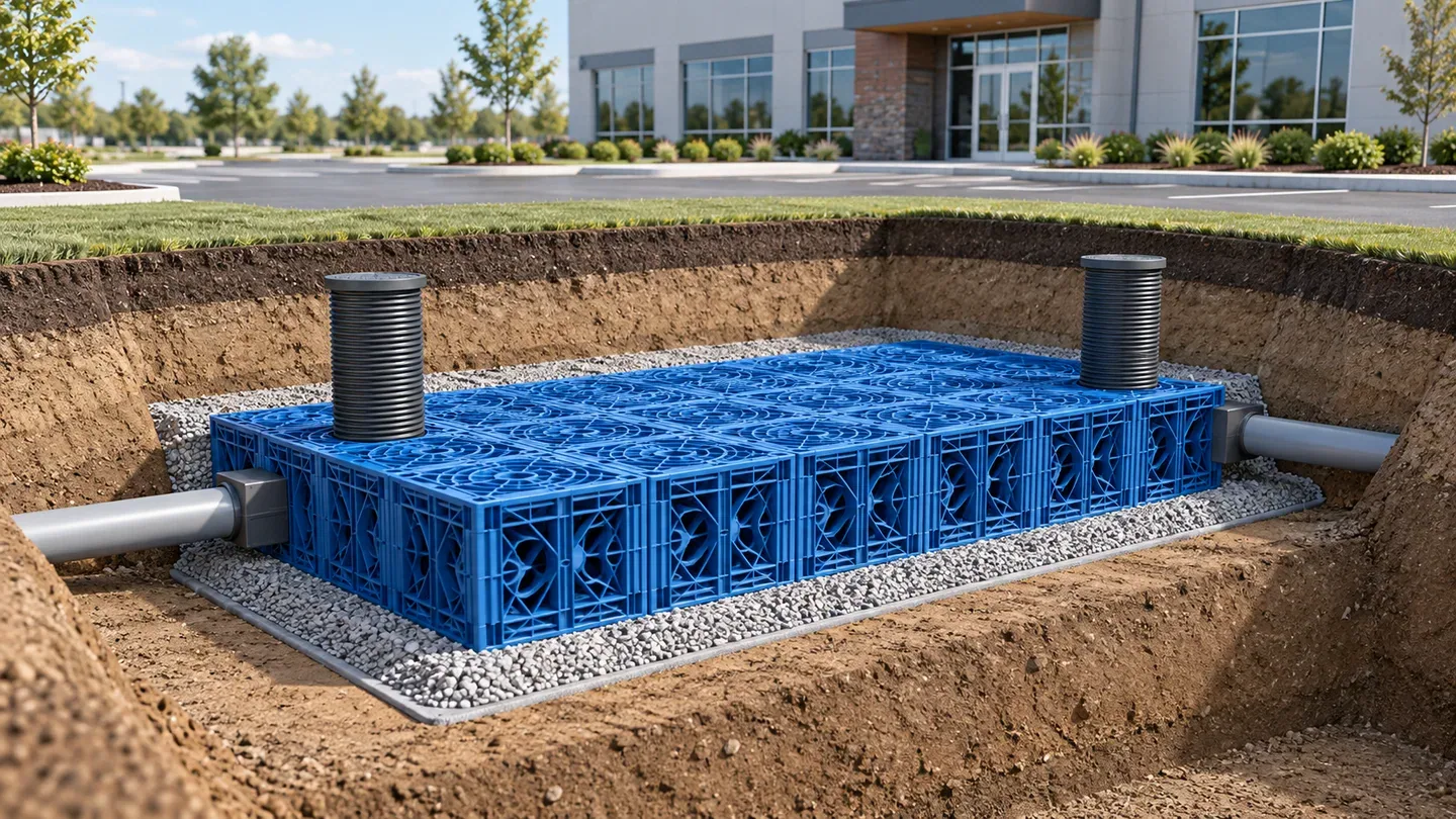 AI-generated cutaway illustrating the footprint of a modular underground rainwater array and inspection access