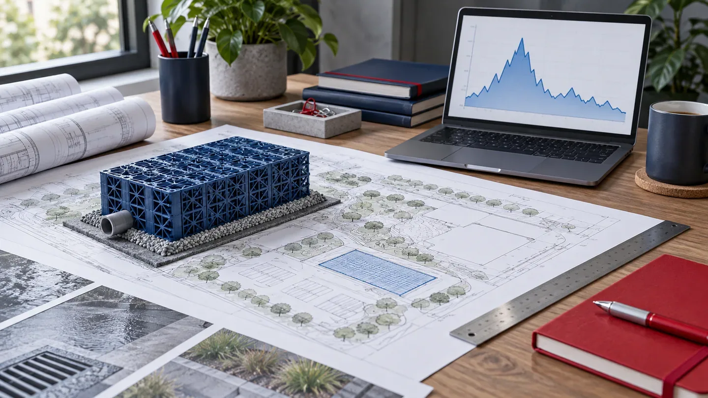 AI-generated planning desk with a conceptual module model, site drawings and an illustrative water-level chart