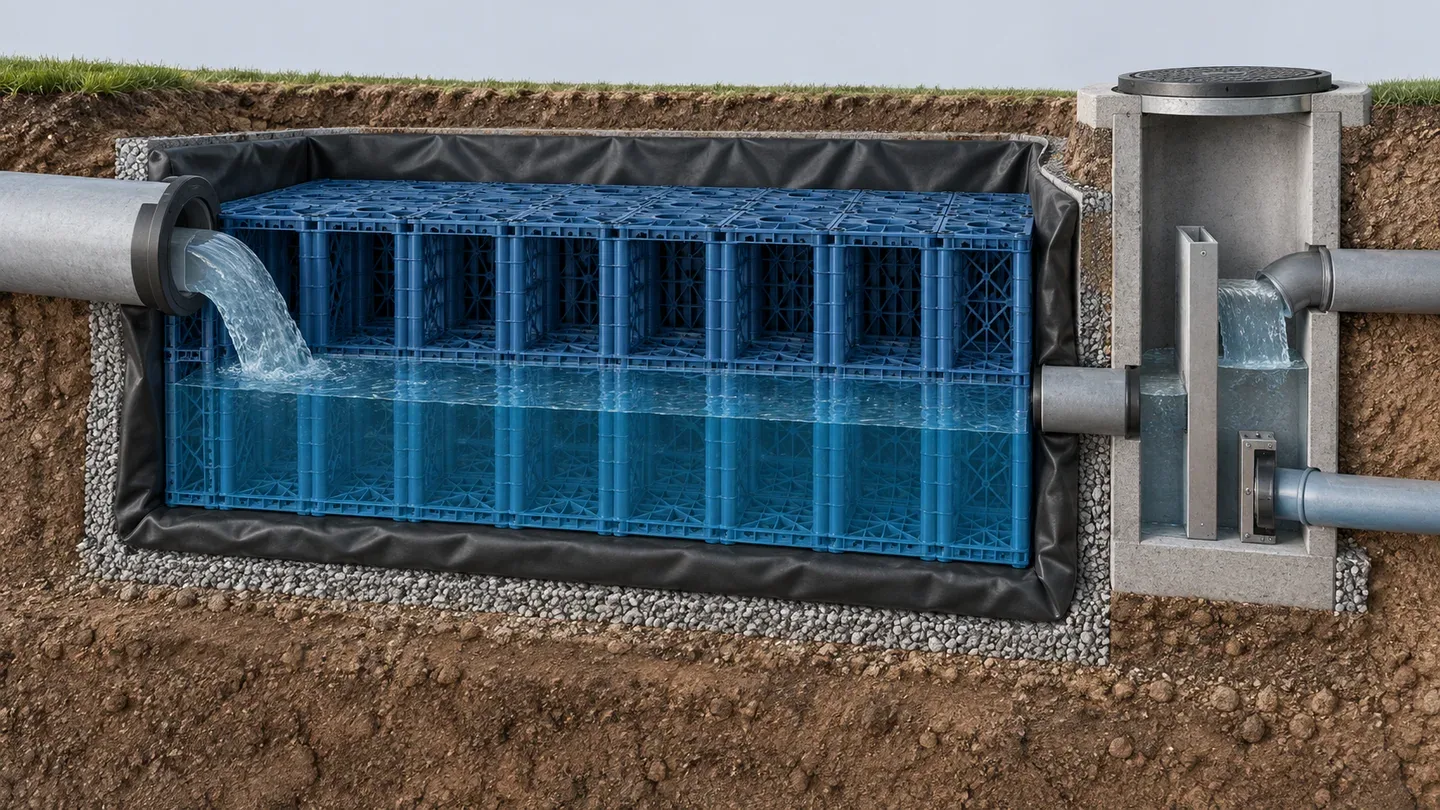 AI-generated conceptual cutaway of a lined modular reservoir and a separate outlet-control chamber