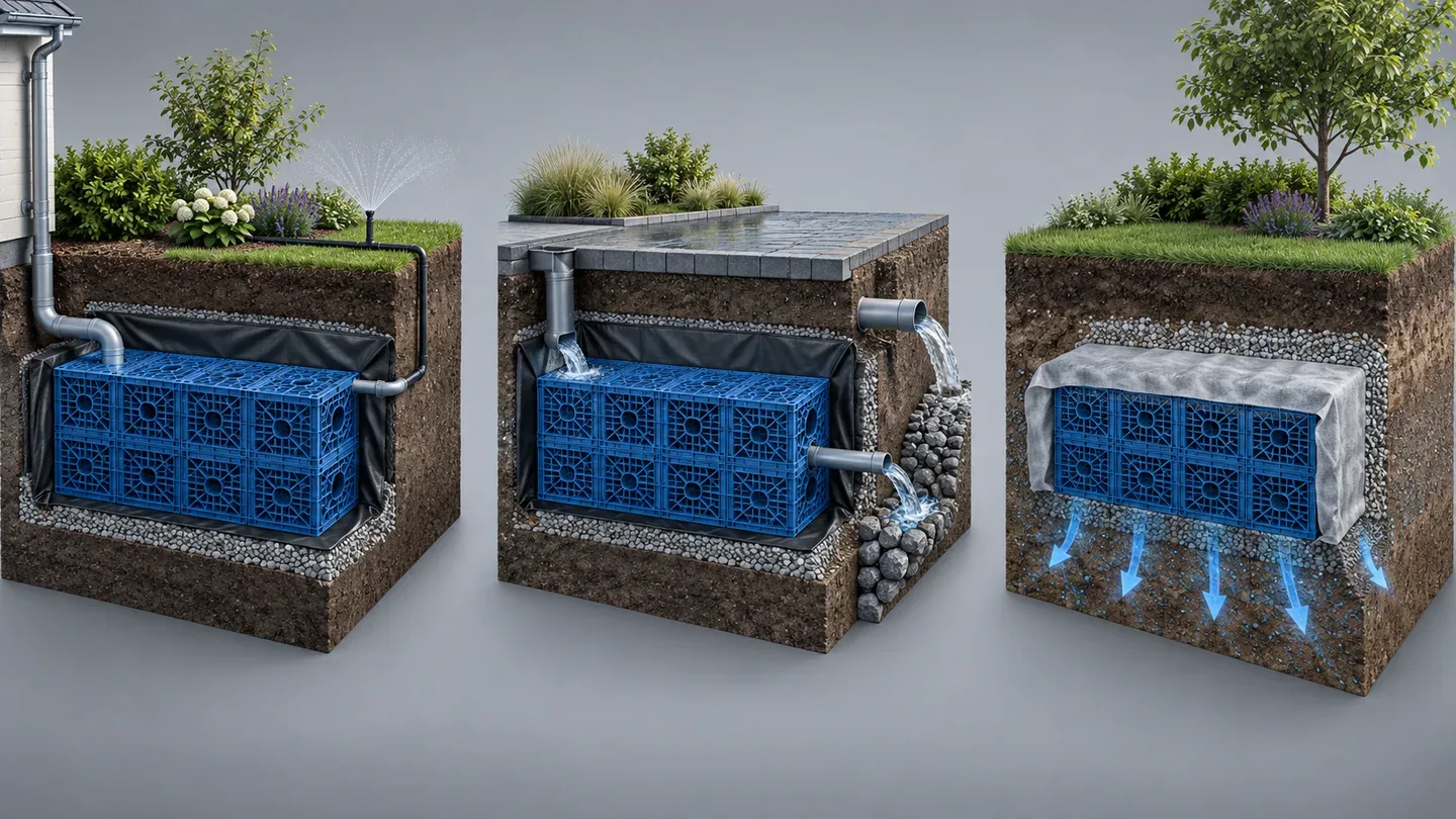 AI-generated conceptual comparison of reuse storage, detention and infiltration; not an engineering or construction drawing.