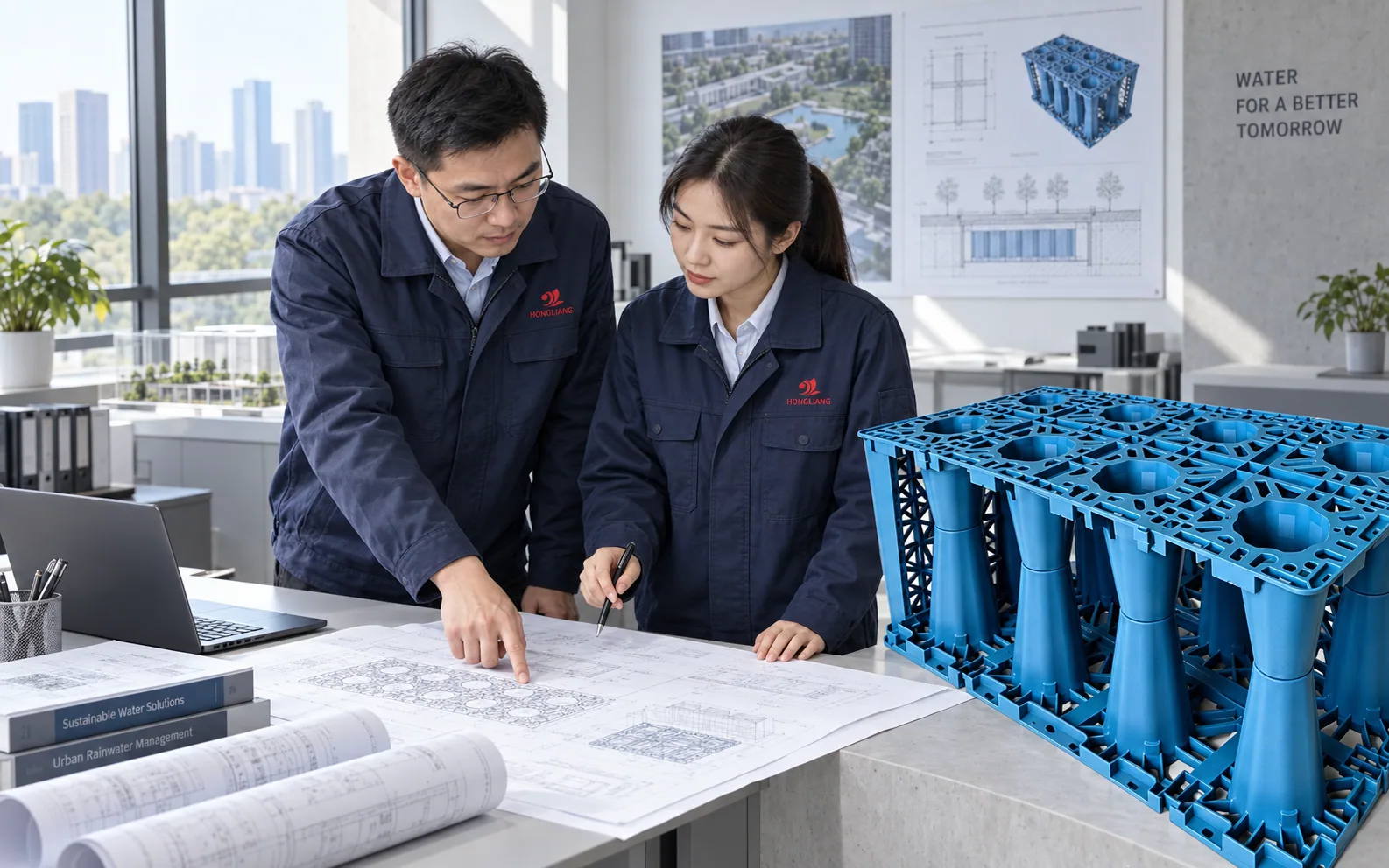 Illustrative technical team with red HONGLIANG logos on navy workwear