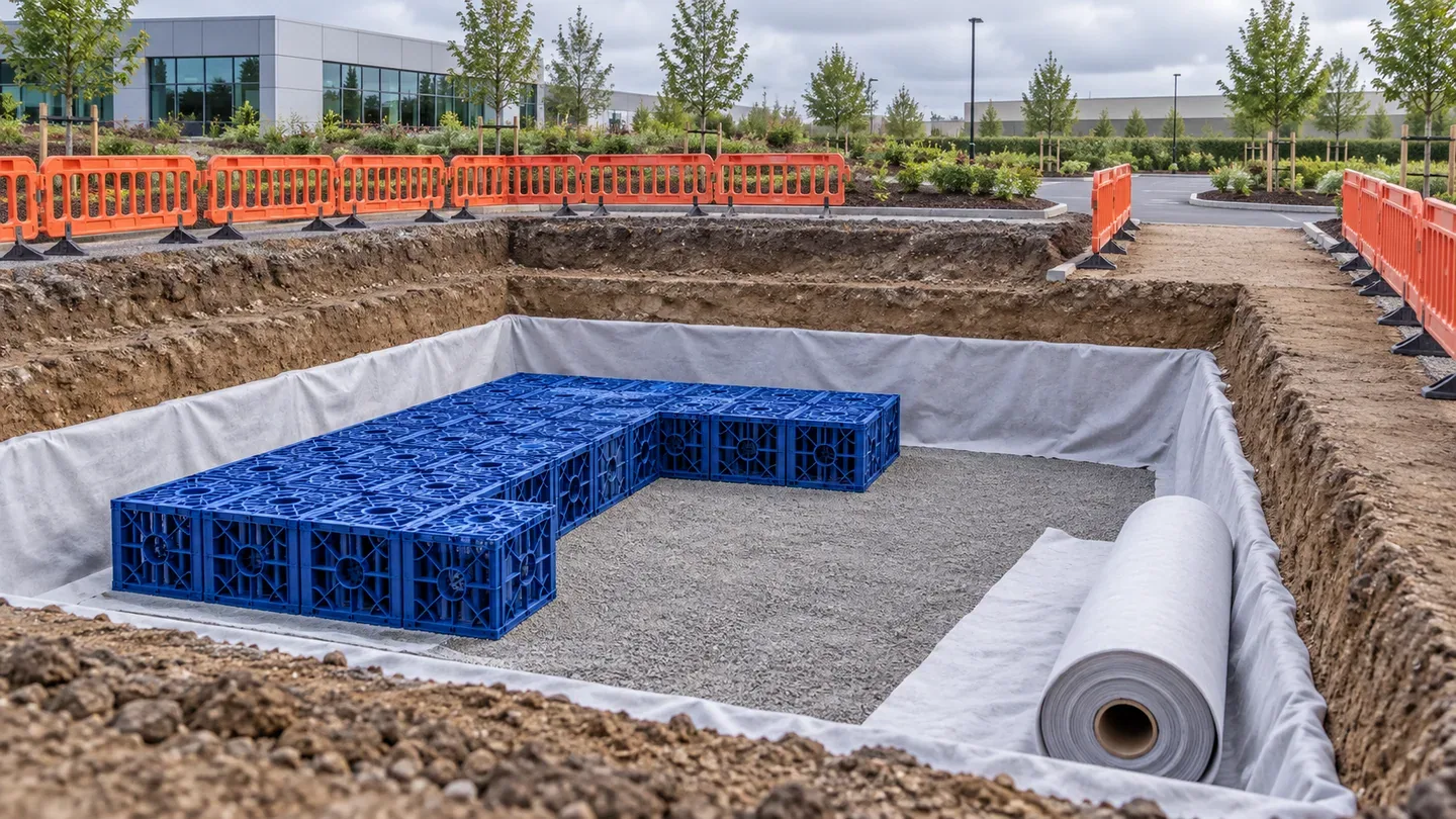 AI-generated concept of a prepared excavation, blue rainwater modules and protective fabric
