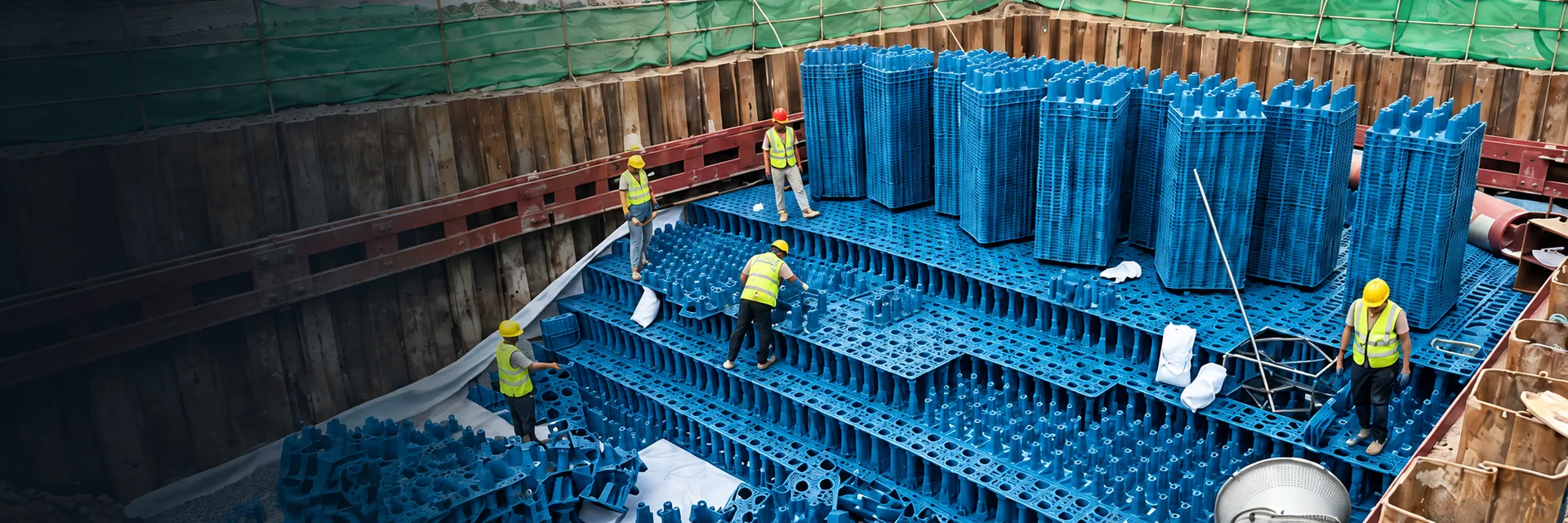 Blue modular rainwater storage system being installed below ground