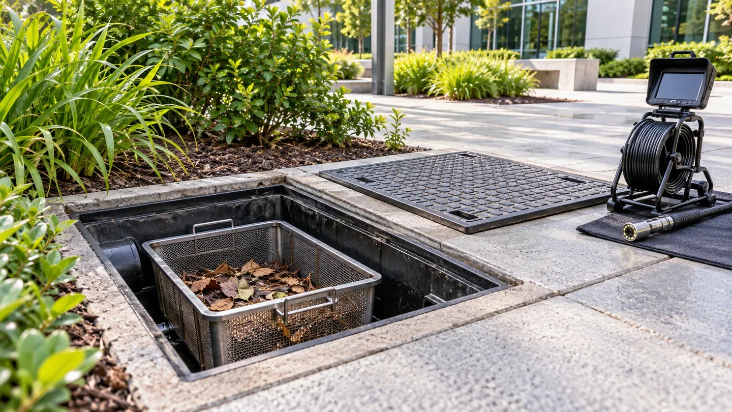 AI-generated maintenance concept showing an accessible filter basket and inspection equipment beside landscaping